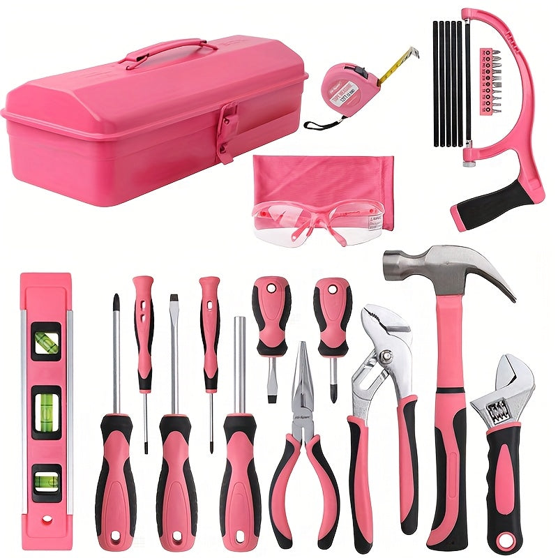 24/32/39 Pink Household Tool Set, Sturdy Metal Hand Tool Kit, Classic Barn Style Toolbox, Durable Metal Hand Tools for Women, DIY Home Repair Kit