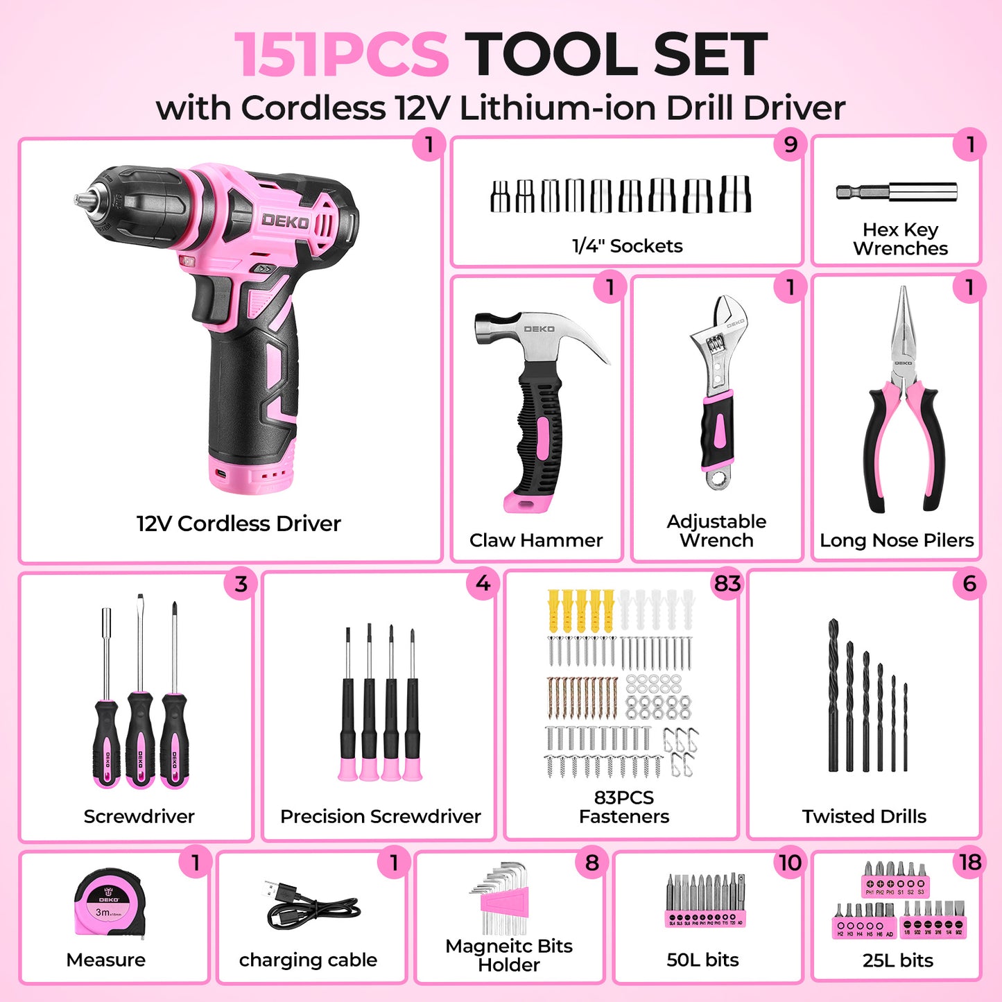 119/151PCS Power Tool Box Set With 8V/12V Cordless Drill / Driver, Hammer, Wrench, Screwdriver and Utility Knife | All in One Hand Tools kit | Household Tool Set | Electric Drill Tool Kit | for Garden, DIY, Home Repairs | Gif
