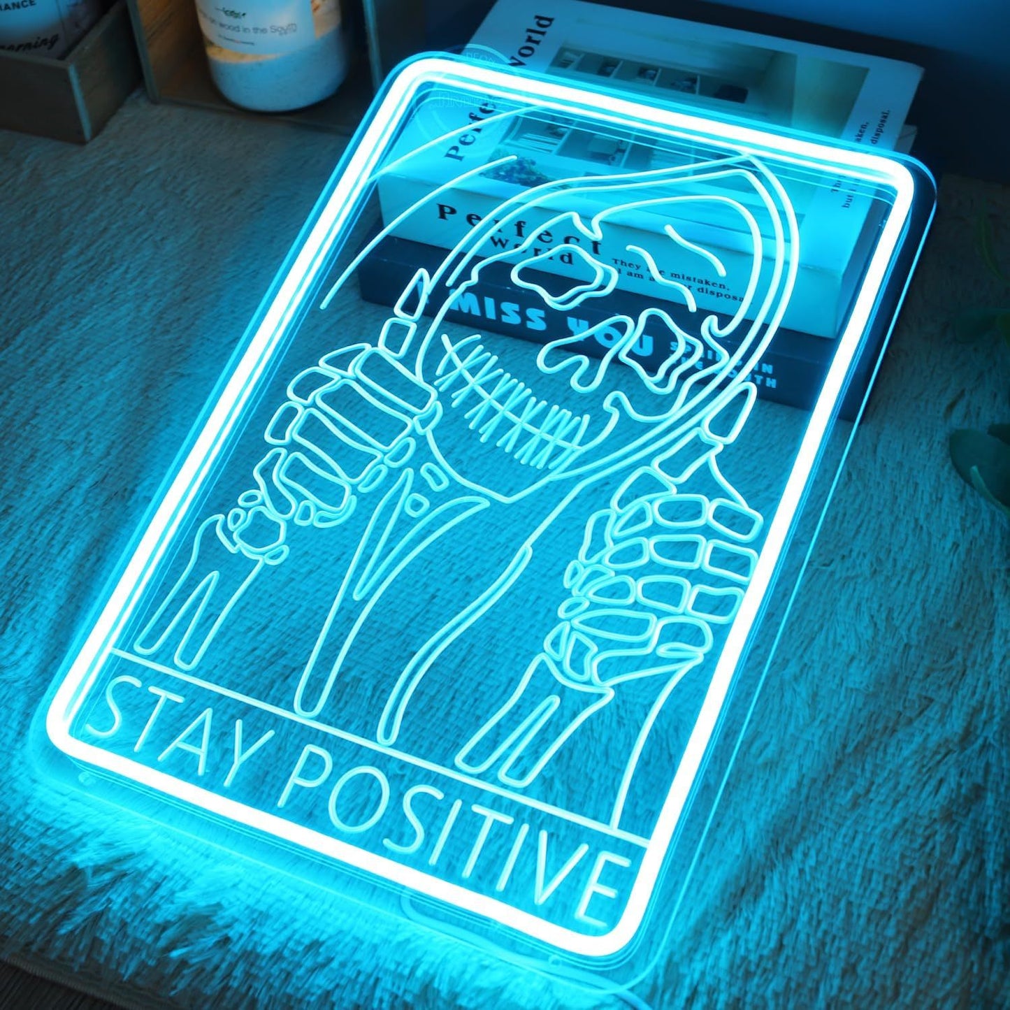 1pc Stay Positive Skull Skeleton Neon Wall Sign Bedroom Office Funny Inspirational Quote Halloween Gothic Garage Decor LED Light Christmas Gift