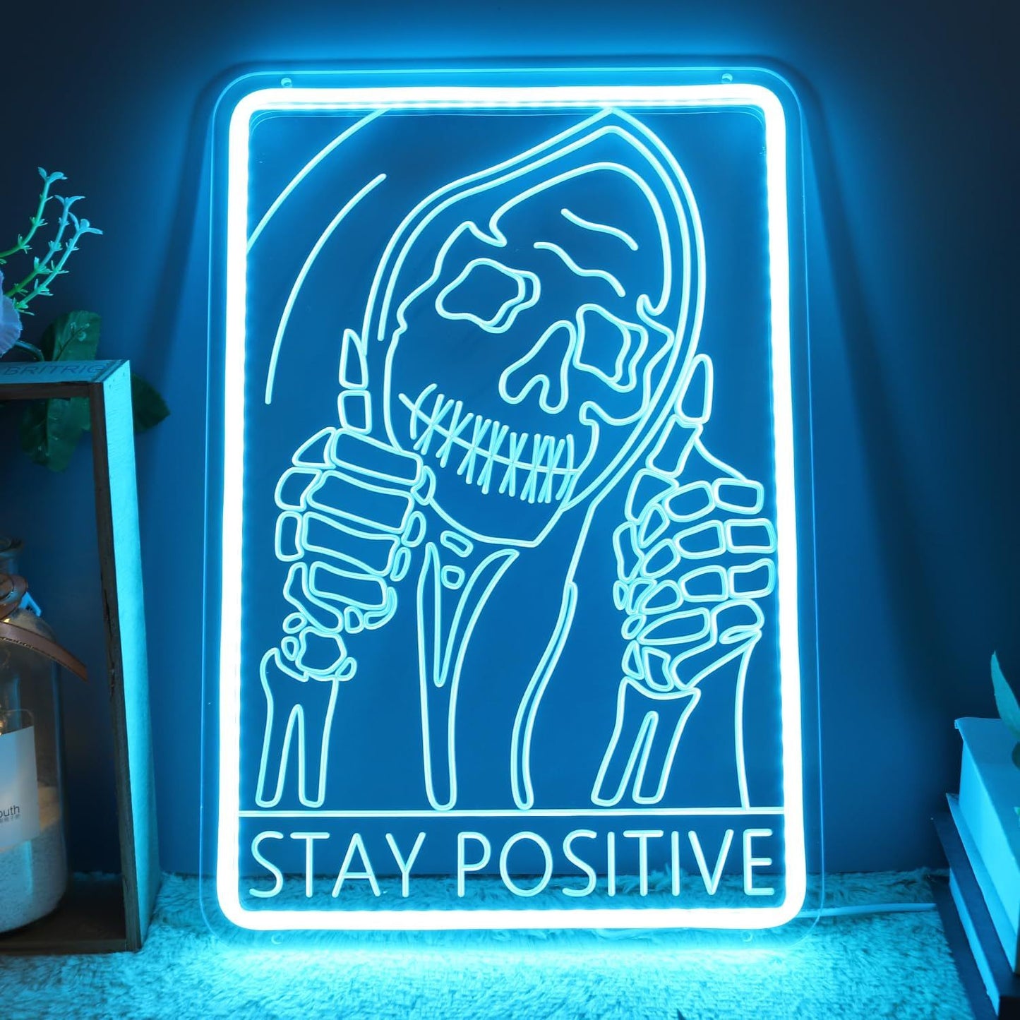 1pc Stay Positive Skull Skeleton Neon Wall Sign Bedroom Office Funny Inspirational Quote Halloween Gothic Garage Decor LED Light Christmas Gift