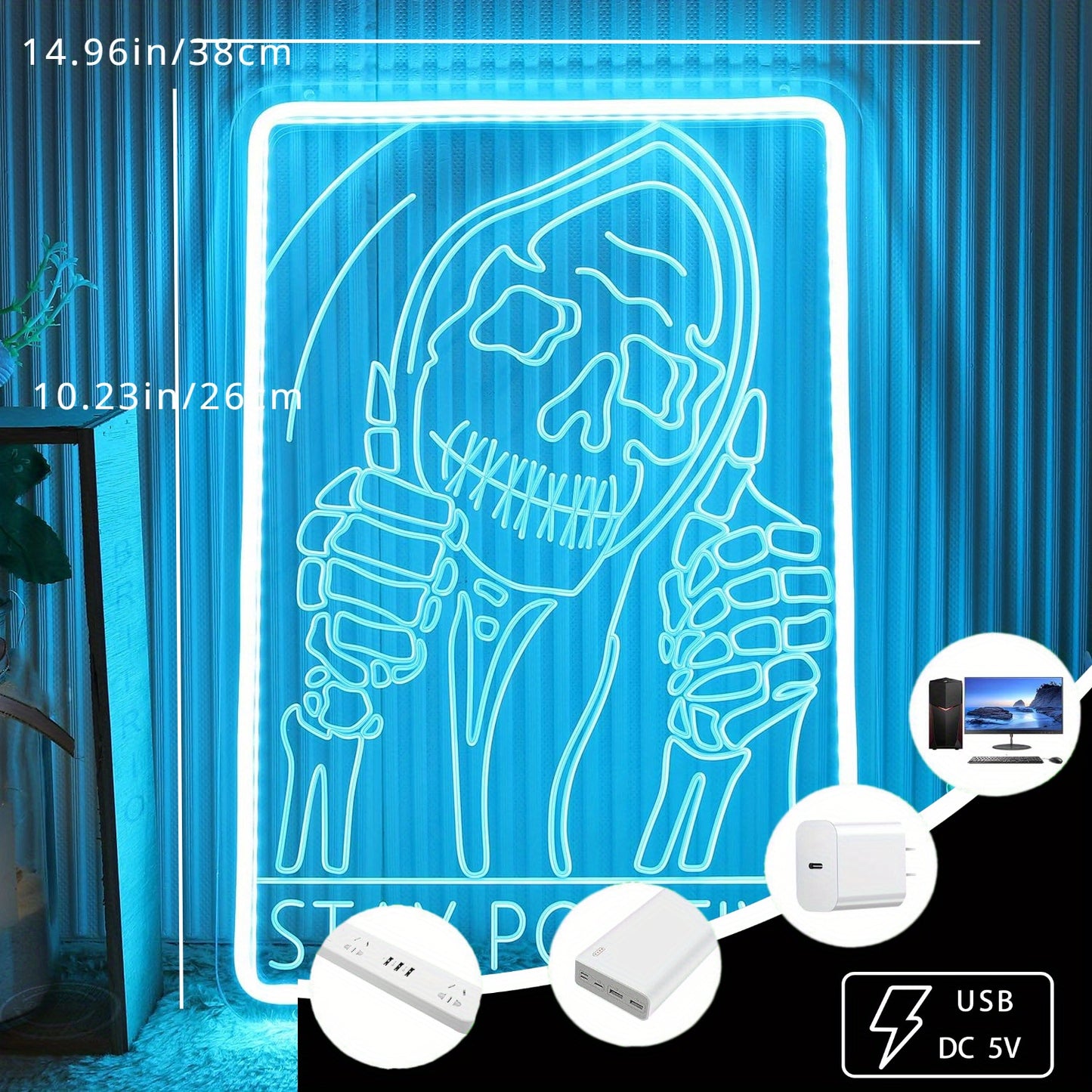 1pc Stay Positive Skull Skeleton Neon Wall Sign Bedroom Office Funny Inspirational Quote Halloween Gothic Garage Decor LED Light Christmas Gift