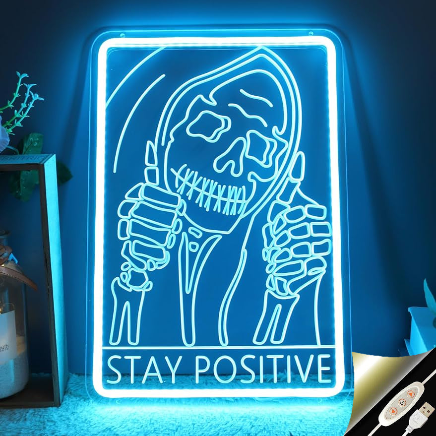 1pc Stay Positive Skull Skeleton Neon Wall Sign Bedroom Office Funny Inspirational Quote Halloween Gothic Garage Decor LED Light Christmas Gift