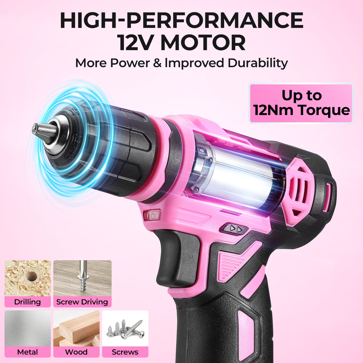 119/151PCS Power Tool Box Set With 8V/12V Cordless Drill / Driver, Hammer, Wrench, Screwdriver and Utility Knife | All in One Hand Tools kit | Household Tool Set | Electric Drill Tool Kit | for Garden, DIY, Home Repairs | Gif