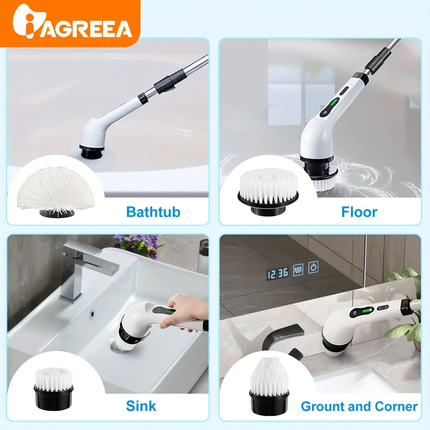 1Set Cordless Multi-Surface Electric Scrubber - 360° Rotary Action with 8 Brush Heads, Adjustable Handle - Versatile Cleaning for Bathrooms, Tiles & Floors