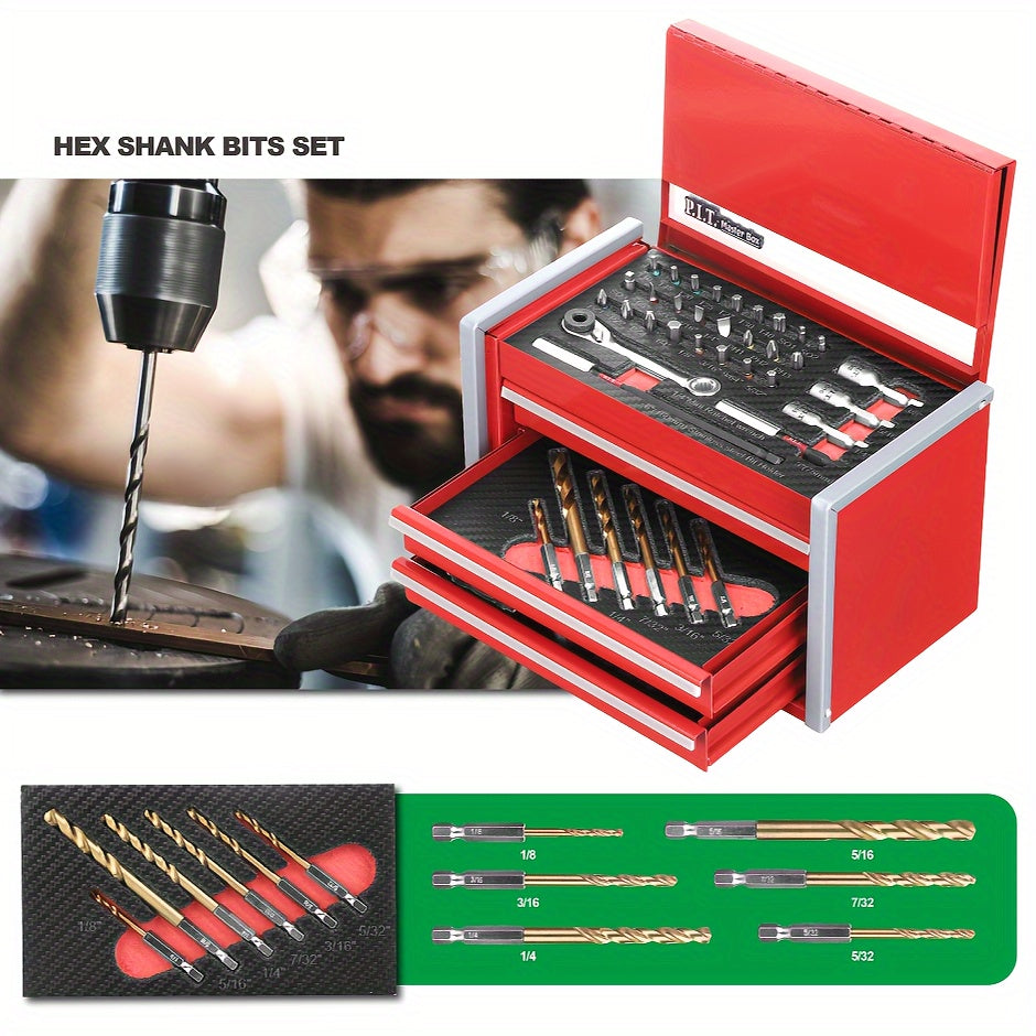 P.I.T. 61pcs Mechanics Tool Set with Magnetic Lock - Portable Red Steel Toolbox, Durable Hand Tools Kit for Repairs - For Mechanics & DIY Enthusiasts - Ideal for Home & Car Repairs - Great Gift for Fathers Day