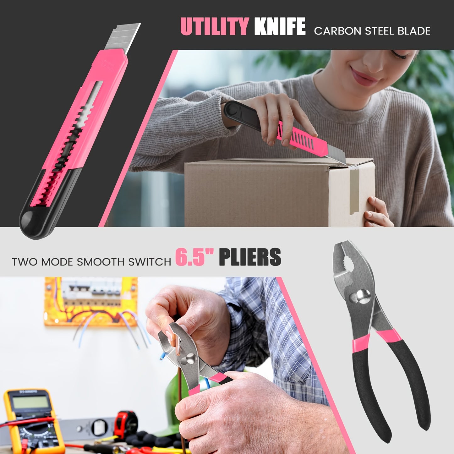 24/32/39 Pink Household Tool Set, Sturdy Metal Hand Tool Kit, Classic Barn Style Toolbox, Durable Metal Hand Tools for Women, DIY Home Repair Kit