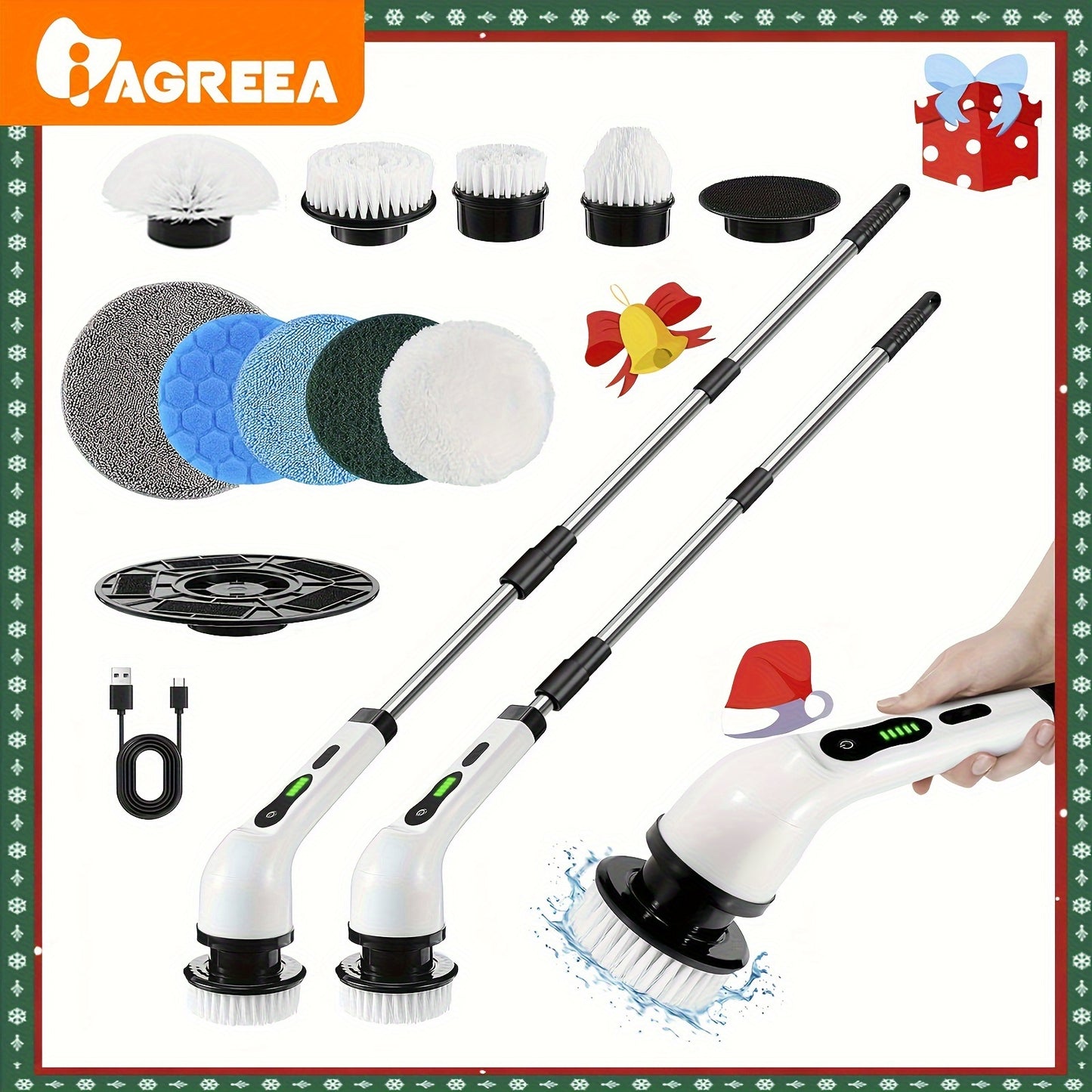 1Set Cordless Multi-Surface Electric Scrubber - 360° Rotary Action with 8 Brush Heads, Adjustable Handle - Versatile Cleaning for Bathrooms, Tiles & Floors