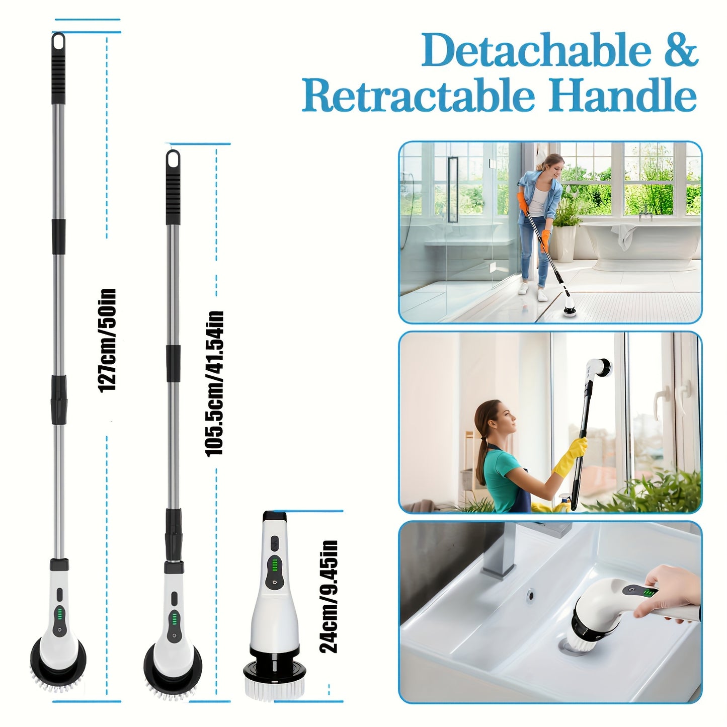 1Set Cordless Multi-Surface Electric Scrubber - 360° Rotary Action with 8 Brush Heads, Adjustable Handle - Versatile Cleaning for Bathrooms, Tiles & Floors