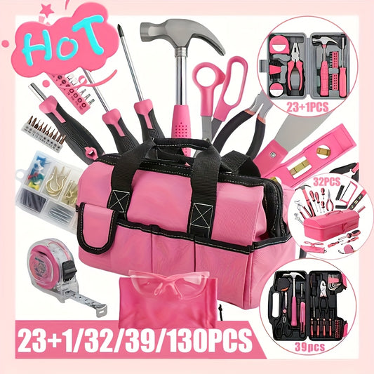 24/39/32/130pcs Pink Household Tool Set, Sturdy Metal Hand Tool Kit, Classic Barn Style Toolbox, Ladies Durable Metal Hand Tools, Home Repair Kit, The Best Gift For Mother'S Day