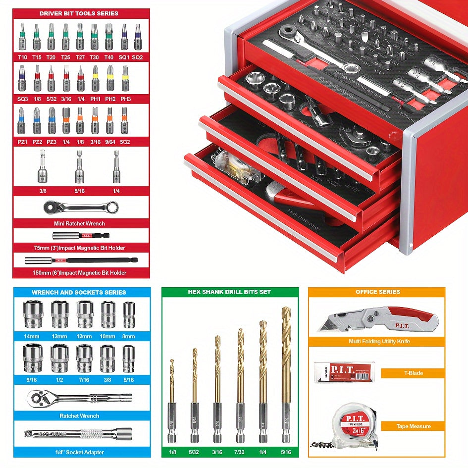 P.I.T. 61pcs Mechanics Tool Set with Magnetic Lock - Portable Red Steel Toolbox, Durable Hand Tools Kit for Repairs - For Mechanics & DIY Enthusiasts - Ideal for Home & Car Repairs - Great Gift for Fathers Day
