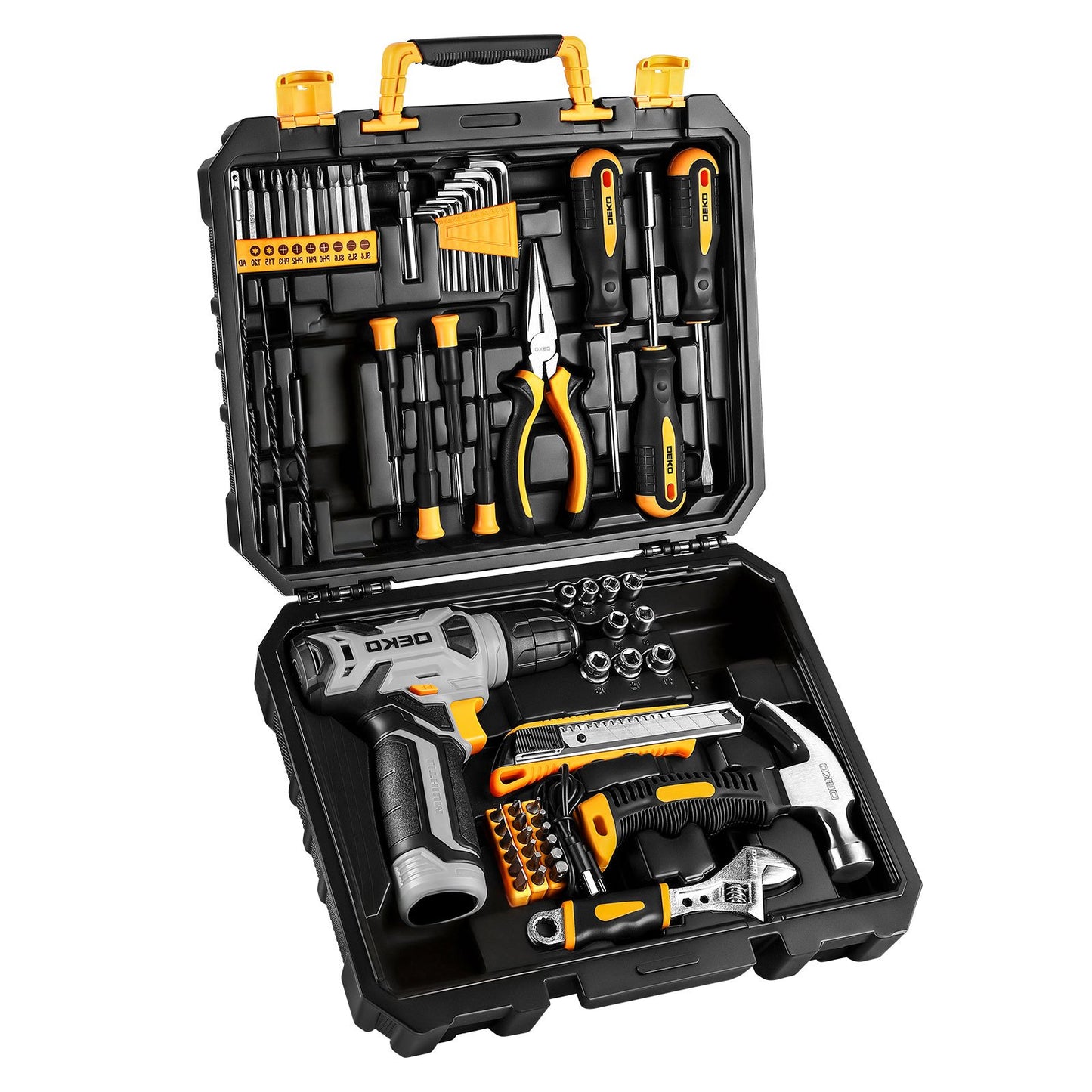 119/151PCS Power Tool Box Set With 8V/12V Cordless Drill / Driver, Hammer, Wrench, Screwdriver and Utility Knife | All in One Hand Tools kit | Household Tool Set | Electric Drill Tool Kit | for Garden, DIY, Home Repairs | Gif