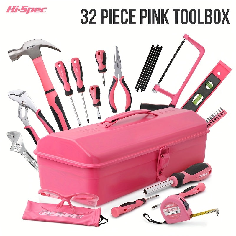 24/32/39 Pink Household Tool Set, Sturdy Metal Hand Tool Kit, Classic Barn Style Toolbox, Durable Metal Hand Tools for Women, DIY Home Repair Kit