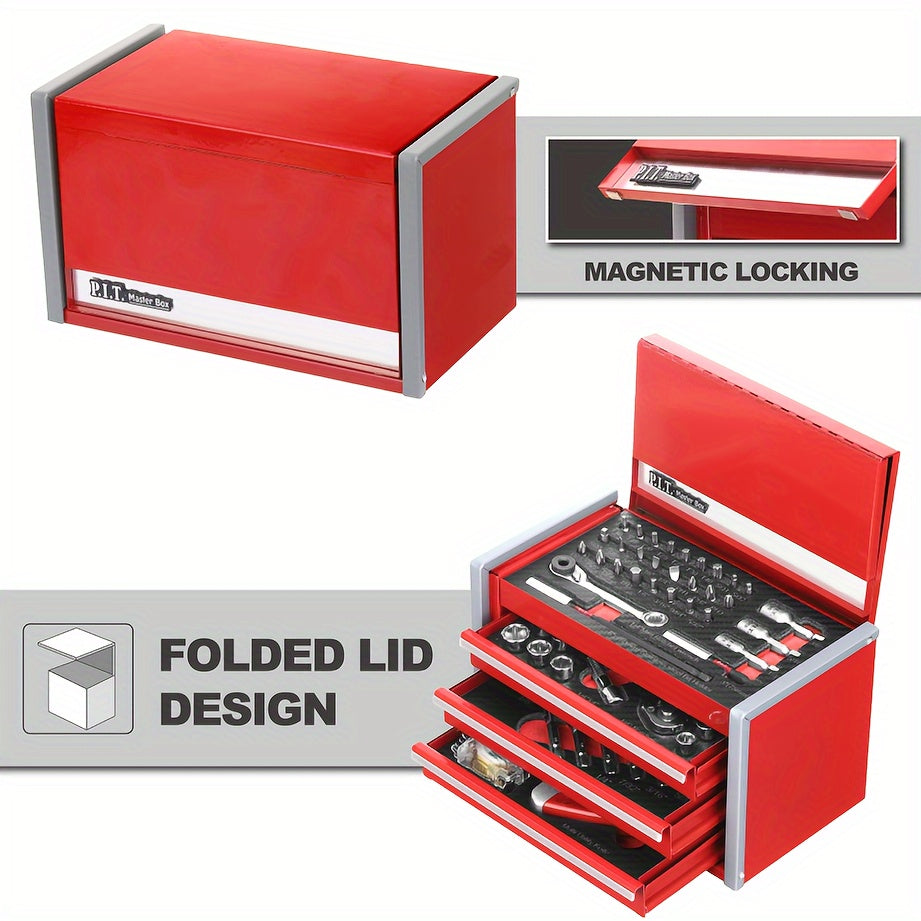 P.I.T. 61pcs Mechanics Tool Set with Magnetic Lock - Portable Red Steel Toolbox, Durable Hand Tools Kit for Repairs - For Mechanics & DIY Enthusiasts - Ideal for Home & Car Repairs - Great Gift for Fathers Day