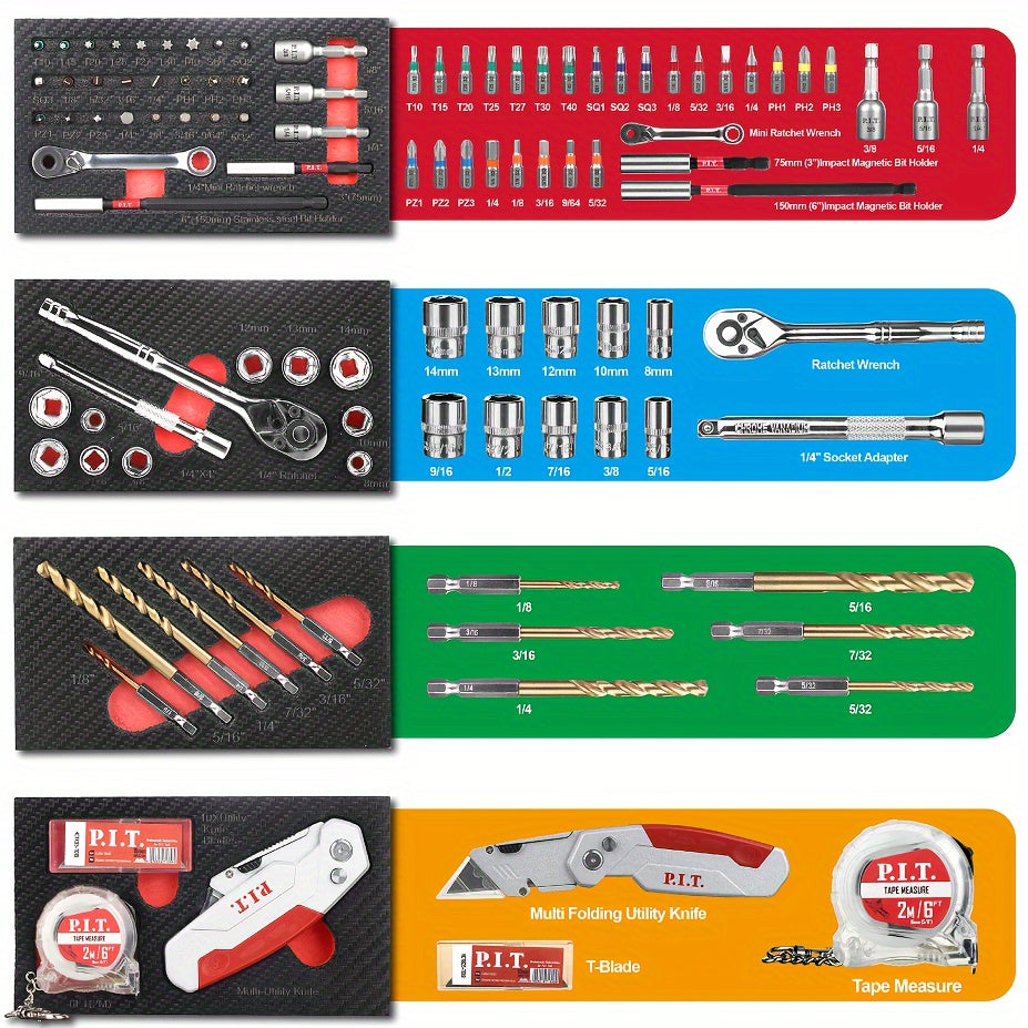 P.I.T. 61pcs Mechanics Tool Set with Magnetic Lock - Portable Red Steel Toolbox, Durable Hand Tools Kit for Repairs - For Mechanics & DIY Enthusiasts - Ideal for Home & Car Repairs - Great Gift for Fathers Day