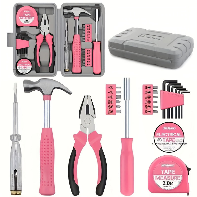 24/32/39 Pink Household Tool Set, Sturdy Metal Hand Tool Kit, Classic Barn Style Toolbox, Durable Metal Hand Tools for Women, DIY Home Repair Kit
