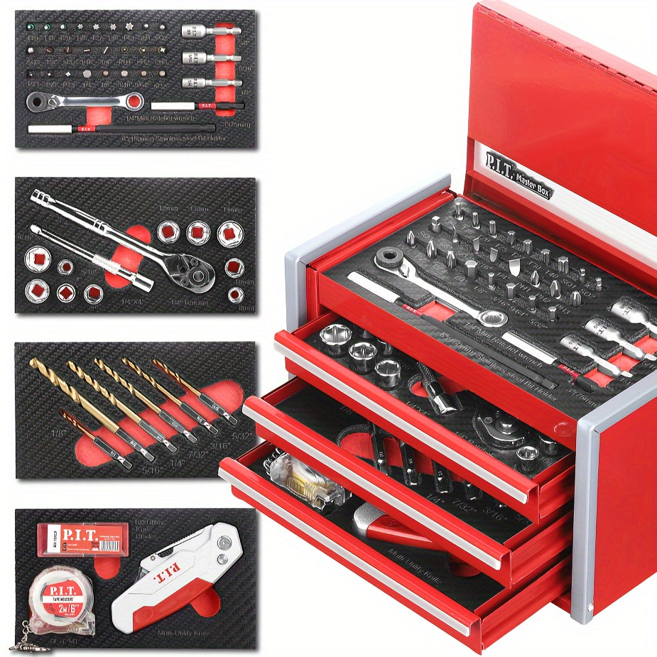 P.I.T. 61pcs Mechanics Tool Set with Magnetic Lock - Portable Red Steel Toolbox, Durable Hand Tools Kit for Repairs - For Mechanics & DIY Enthusiasts - Ideal for Home & Car Repairs - Great Gift for Fathers Day