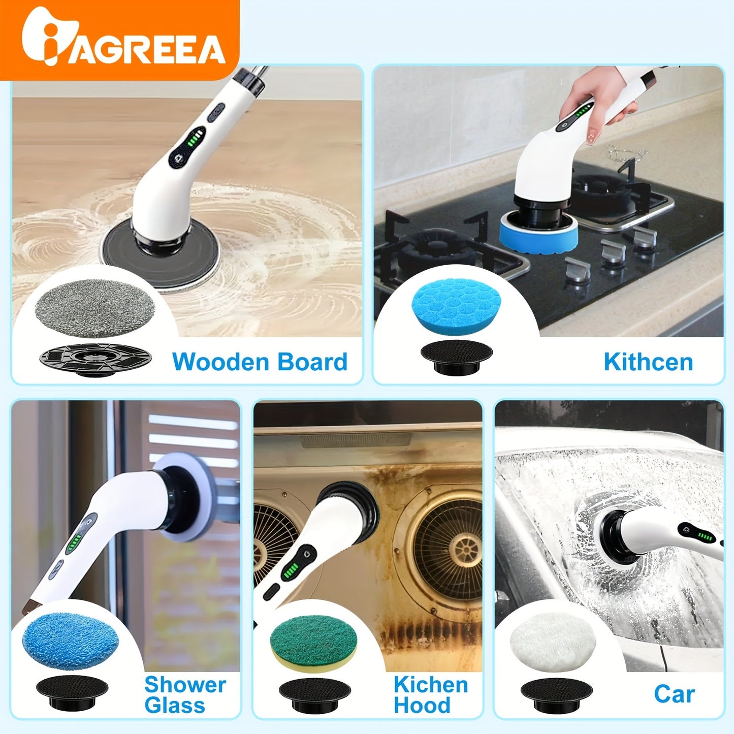 1Set Cordless Multi-Surface Electric Scrubber - 360° Rotary Action with 8 Brush Heads, Adjustable Handle - Versatile Cleaning for Bathrooms, Tiles & Floors