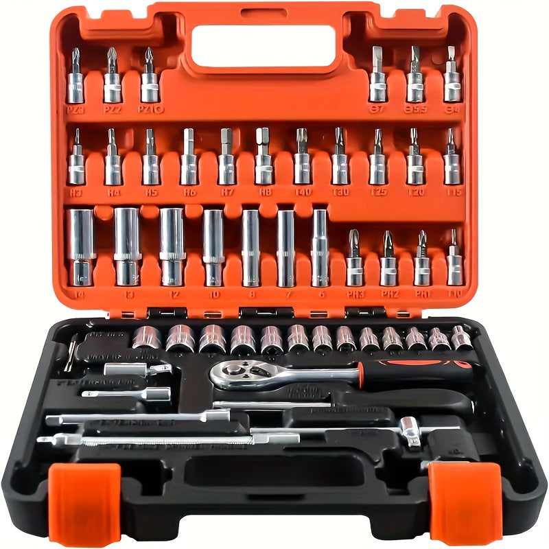 53pcs Multifunctional Auto Repair Tool Set - Professional Motorcycle Repair Tool Set, Durable Metal Hand Tools, With Storage Box, Including Ratchet Wrench, Screwdriver, Socket, Ideal Christmas Gift For Dad And Children