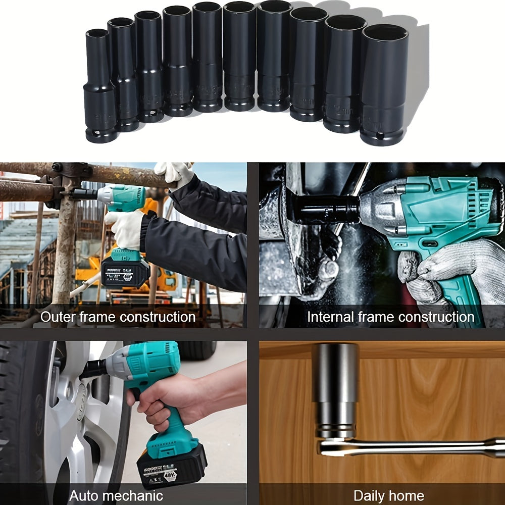 10-Piece Deep Impact Socket Set - 1/2 Inch Drive Long Reach Thin Wall Sockets for Industrial Hand Tools - Heavy-Duty, High-Torque, and Corrosion-Resistant Sockets for 8-24mm Bolts and Nuts