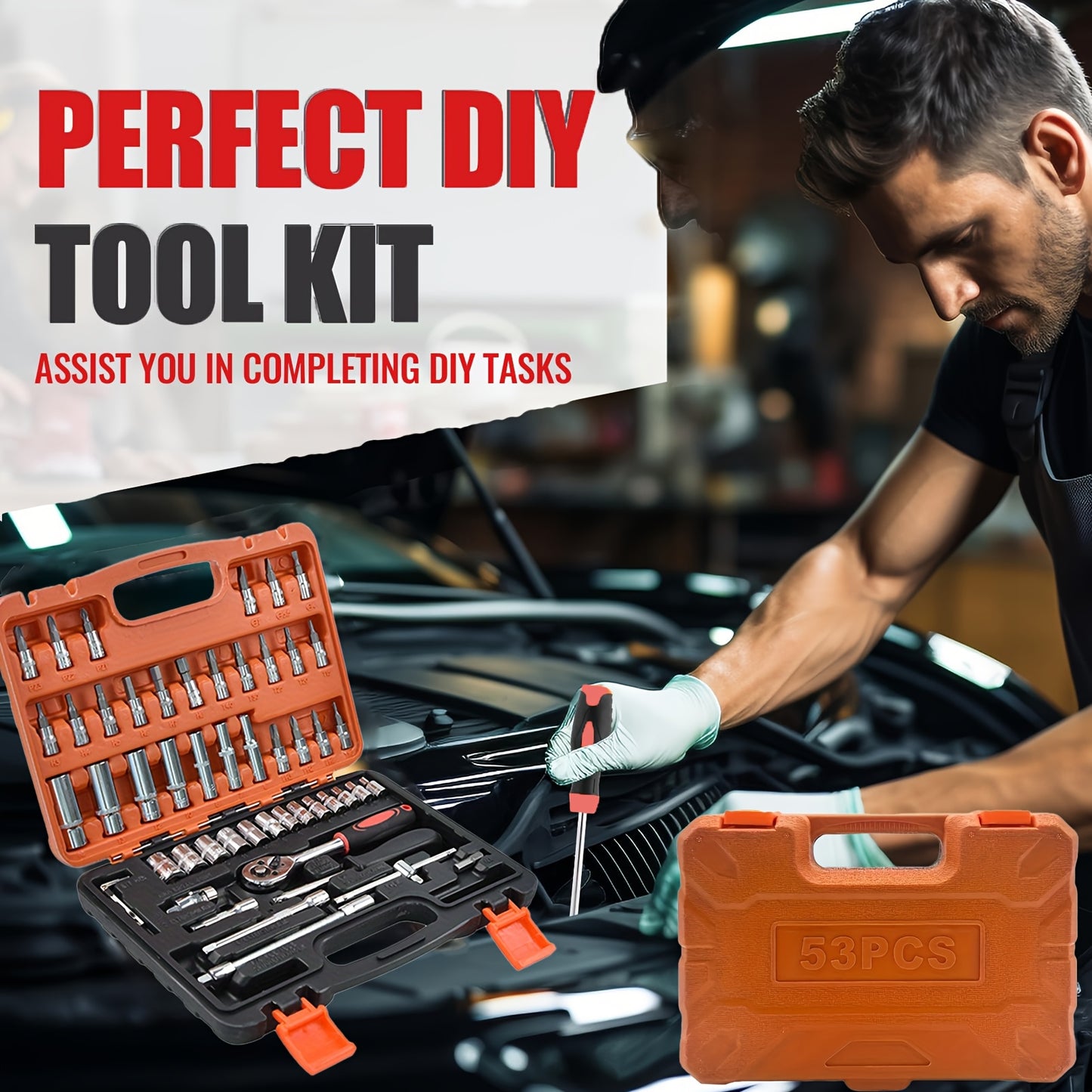 53pcs Multifunctional Auto Repair Tool Set - Professional Motorcycle Repair Tool Set, Durable Metal Hand Tools, With Storage Box, Including Ratchet Wrench, Screwdriver, Socket, Ideal Christmas Gift For Dad And Children