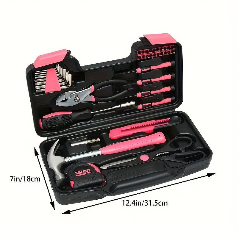 24/32/39 Pink Household Tool Set, Sturdy Metal Hand Tool Kit, Classic Barn Style Toolbox, Durable Metal Hand Tools for Women, DIY Home Repair Kit