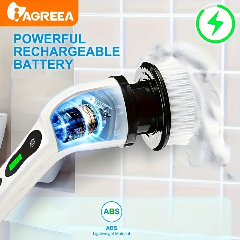 1Set Cordless Multi-Surface Electric Scrubber - 360° Rotary Action with 8 Brush Heads, Adjustable Handle - Versatile Cleaning for Bathrooms, Tiles & Floors