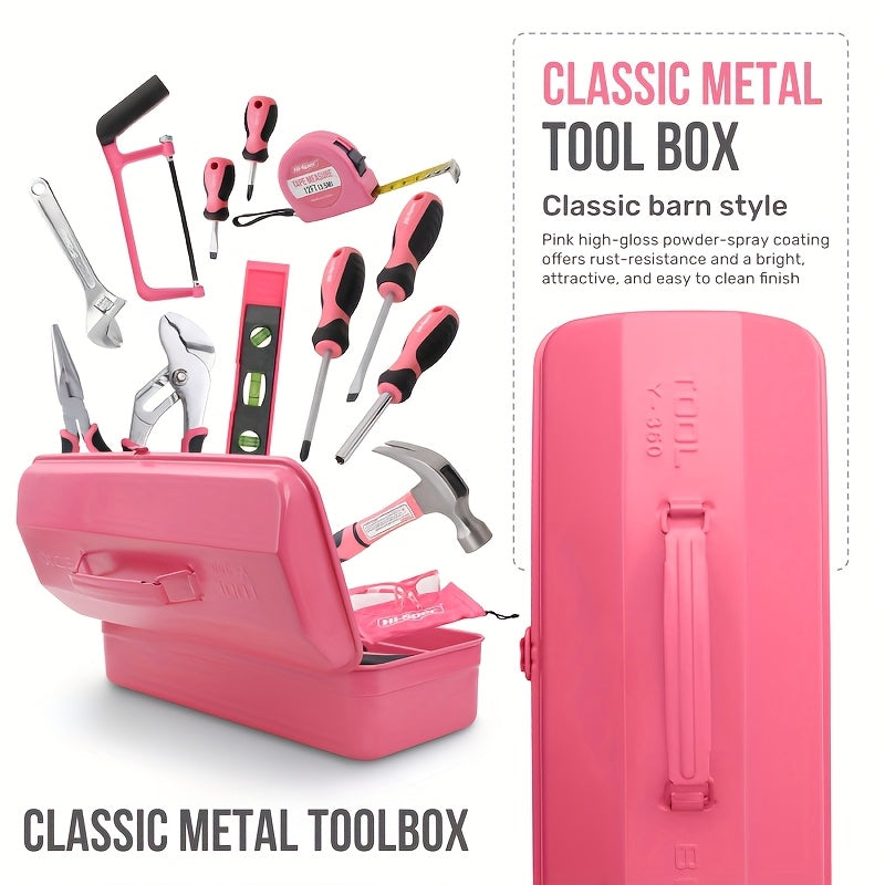 24/32/39 Pink Household Tool Set, Sturdy Metal Hand Tool Kit, Classic Barn Style Toolbox, Durable Metal Hand Tools for Women, DIY Home Repair Kit
