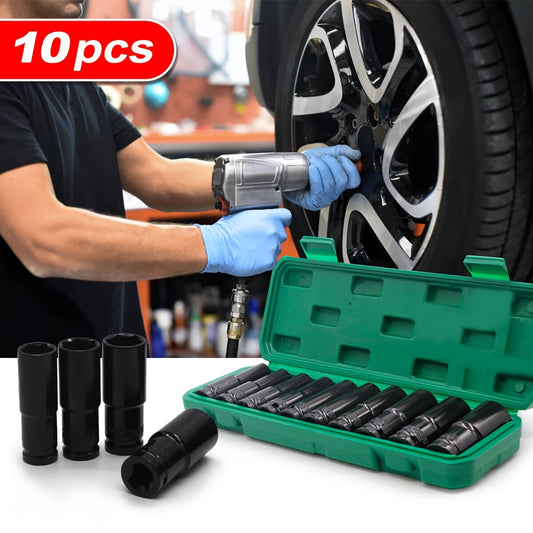 10-Piece Deep Impact Socket Set - 1/2 Inch Drive Long Reach Thin Wall Sockets for Industrial Hand Tools - Heavy-Duty, High-Torque, and Corrosion-Resistant Sockets for 8-24mm Bolts and Nuts