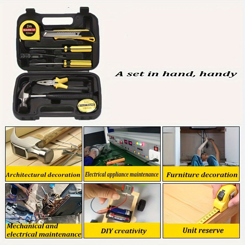 9pcs Durable Metal Homeowner Tool Set, Essential Hand Tools Kit with Non-Electric Manual Tools, Includes Hammer, Pliers, Screwdrivers, Measuring Tape, and Storage Case