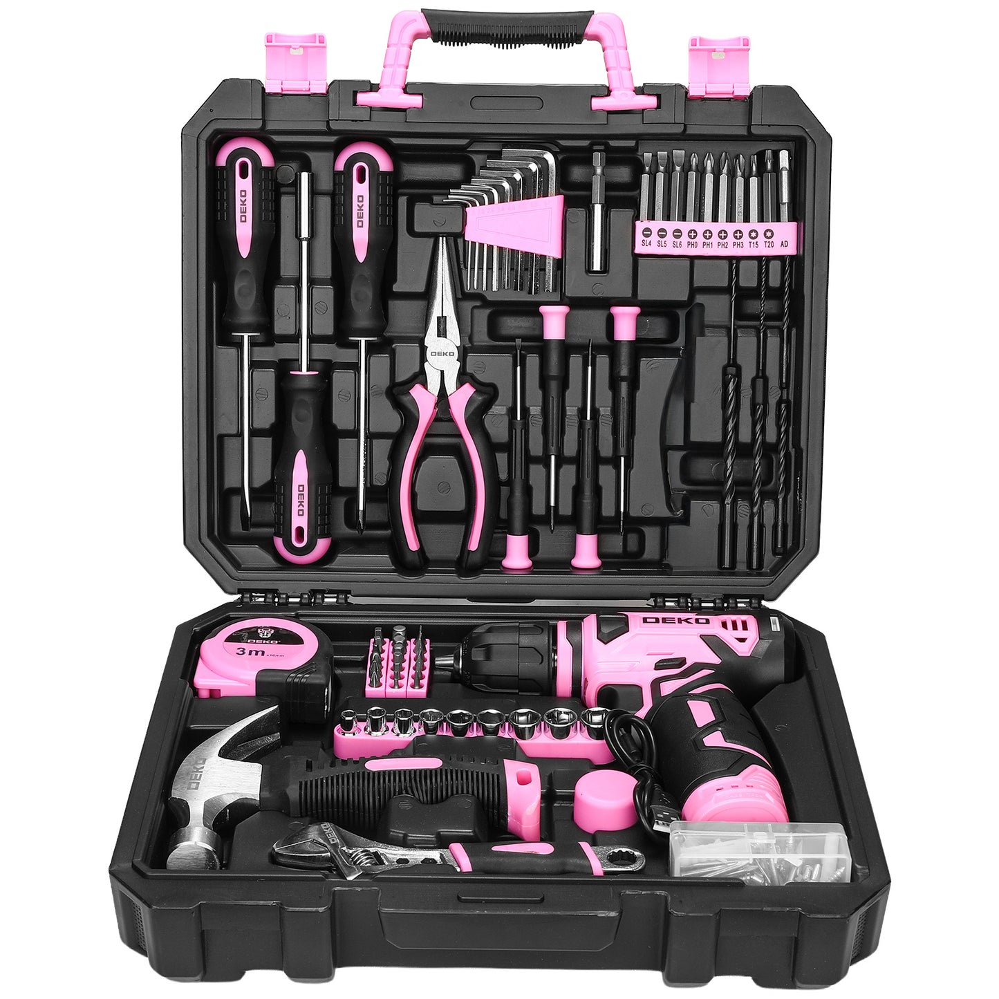 119/151PCS Power Tool Box Set With 8V/12V Cordless Drill / Driver, Hammer, Wrench, Screwdriver and Utility Knife | All in One Hand Tools kit | Household Tool Set | Electric Drill Tool Kit | for Garden, DIY, Home Repairs | Gif