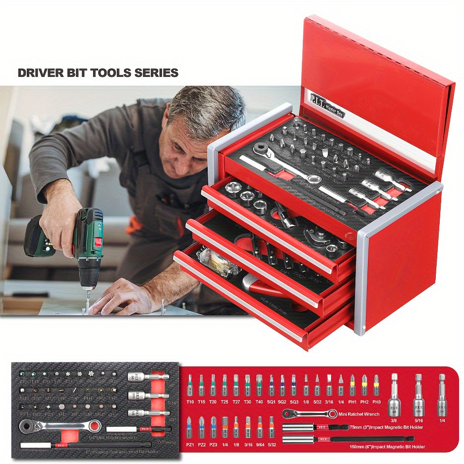 P.I.T. 61pcs Mechanics Tool Set with Magnetic Lock - Portable Red Steel Toolbox, Durable Hand Tools Kit for Repairs - For Mechanics & DIY Enthusiasts - Ideal for Home & Car Repairs - Great Gift for Fathers Day
