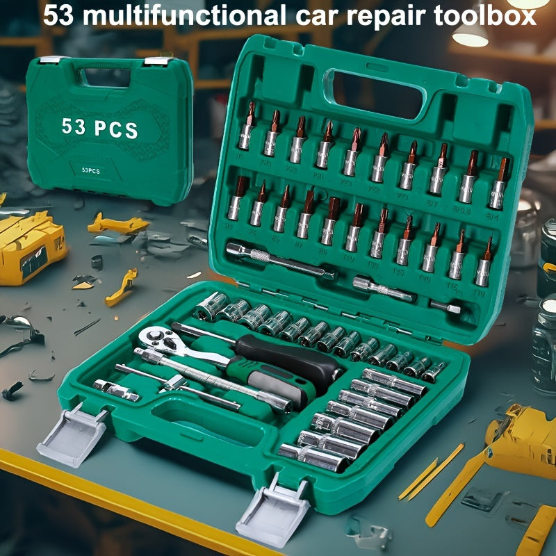 53pcs Multifunctional Auto Repair Tool Set - Professional Motorcycle Repair Tool Set, Durable Metal Hand Tools, With Storage Box, Including Ratchet Wrench, Screwdriver, Socket, Ideal Christmas Gift For Dad And Children