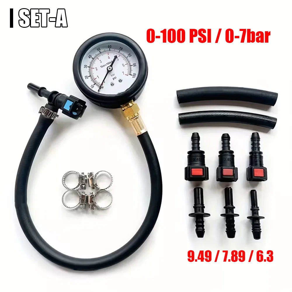 Fuel Pressure Test Kit, 0-100psi/0-7bar Pressure Tester, 6.3/7.89/9.49 Interface, Suitable For Cars, Motorcycles, And Trucks.