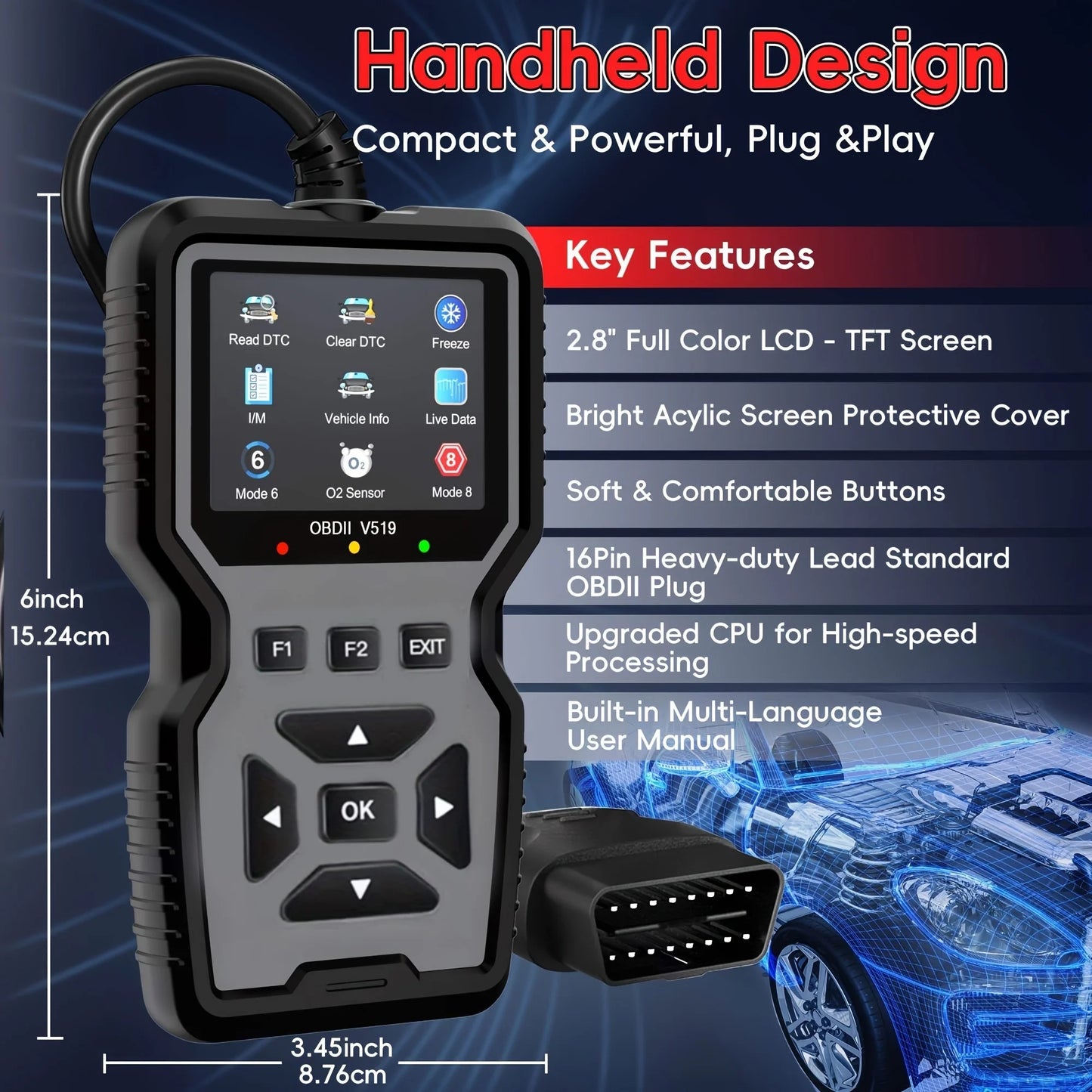 Obd2 Diagnostic Tool-Code Reader,Supports Real-Time Data Stream,No Battery Required,Compatible with Vehicles1996(Obdii/Eobd)