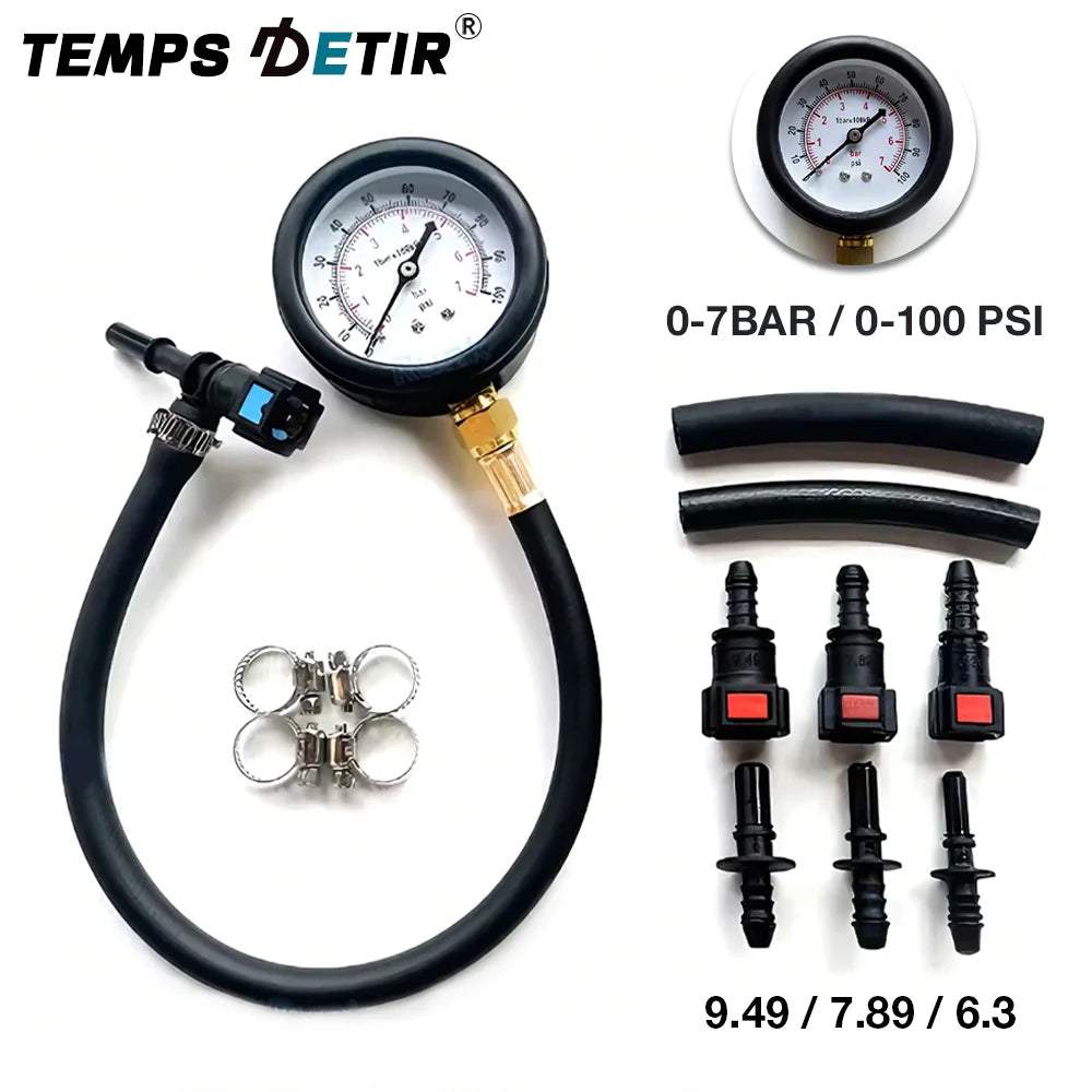 Fuel Pressure Test Kit, 0-100psi/0-7bar Pressure Tester, 6.3/7.89/9.49 Interface, Suitable For Cars, Motorcycles, And Trucks.