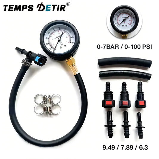 Fuel Pressure Test Kit, 0-100psi/0-7bar Pressure Tester, 6.3/7.89/9.49 Interface, Suitable For Cars, Motorcycles, And Trucks.