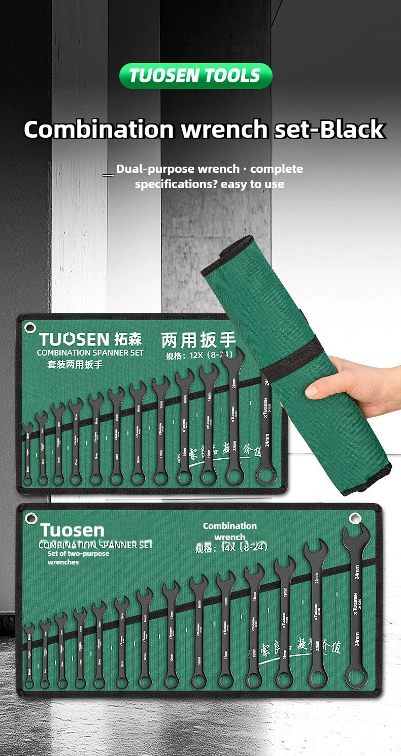 TUOSEN Dual Purpose 8-24mm Auto Repair Plum Blossom Opening Black Wrench Bag Set with Multiple Combinations for Easy Carrying