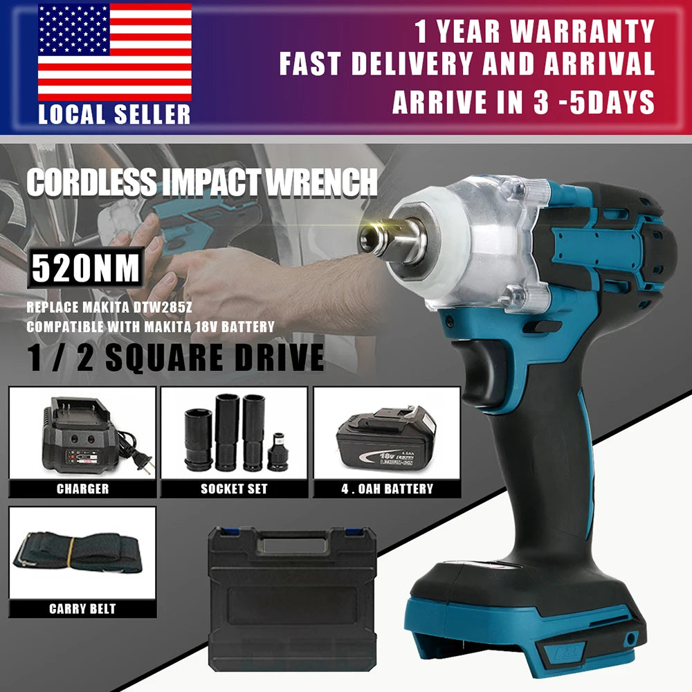 MAGNITT 520NM Brushless Cordless Electric Impact Wrench 1/2 inch Power Tools Compatible Makita 18V Battery Wrench with Toolbox