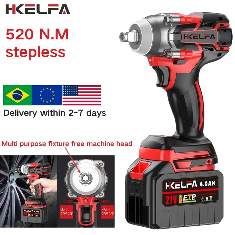 Electric wrench 21V 520N.m Brushless Electric Impact Wrench 1/2 Reverse Cordless Wrench Impact wrench battery Power Tools For