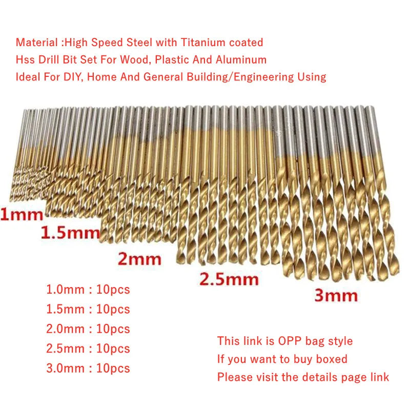 KUNLIYAOI  100pcs Titanium Coated  Set HSS Mini Extractor Bit 1/1.5/2/2.5/3mm For Metal Wood Aluminum Drilling Tools