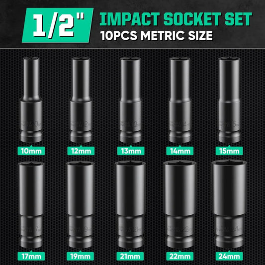 1/2Inch Drive 6-Point Impact Socket Set 10-20 pcs/set Metric Sizes Carbon Steel Impact Socket Set with Hard Storage Box
