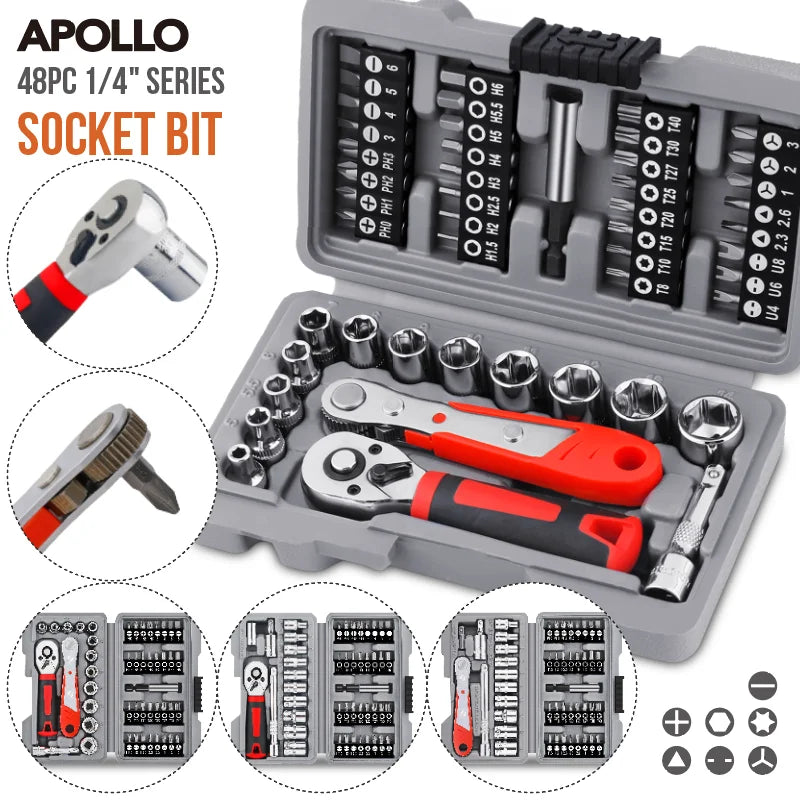 Apollo 1/4" Drive Quick-Release Ratchet & Bit Set, Cr-V Steel w/ Phillips/Slotted Screwdrivers for Auto Repair & Hand Tools