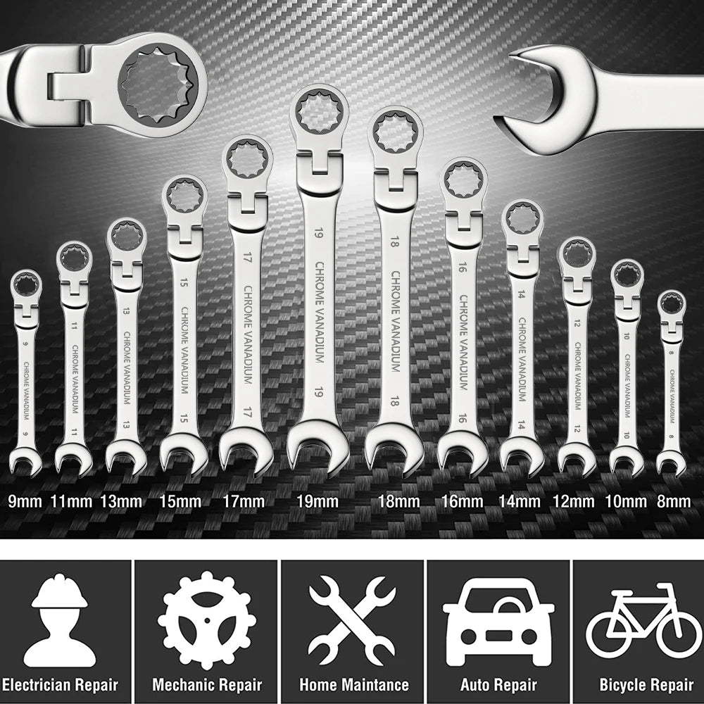 Flex-head Ratcheting Wrench Set,1Pcs Metric 6-24mm Chrome Vanadium Steel Universal Spanners for Car Repair Hand Tools