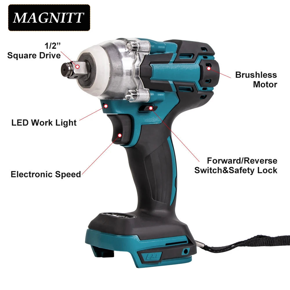 MAGNITT 520NM Brushless Cordless Electric Impact Wrench 1/2 inch Power Tools Compatible Makita 18V Battery Wrench with Toolbox