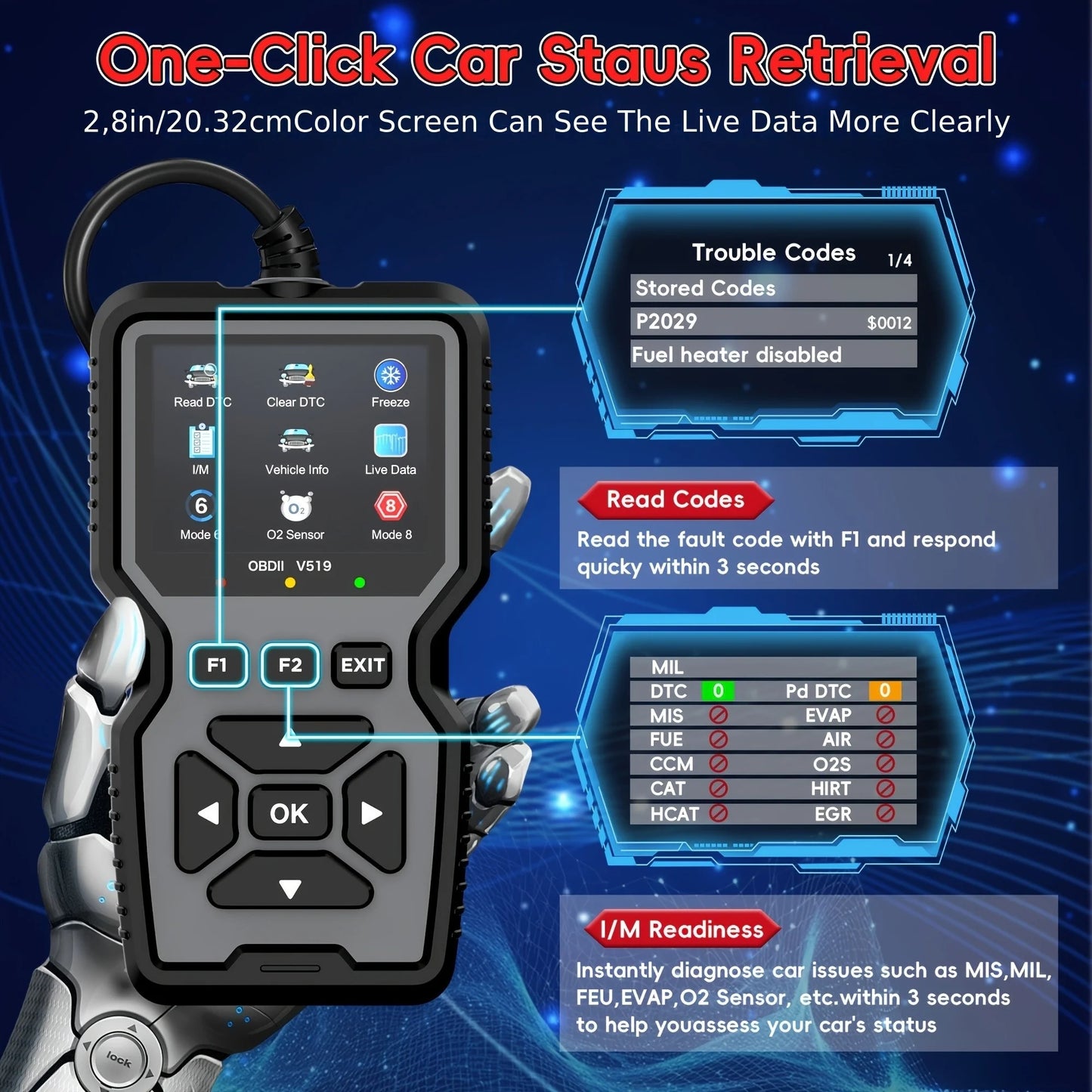 Obd2 Diagnostic Tool-Code Reader,Supports Real-Time Data Stream,No Battery Required,Compatible with Vehicles1996(Obdii/Eobd)