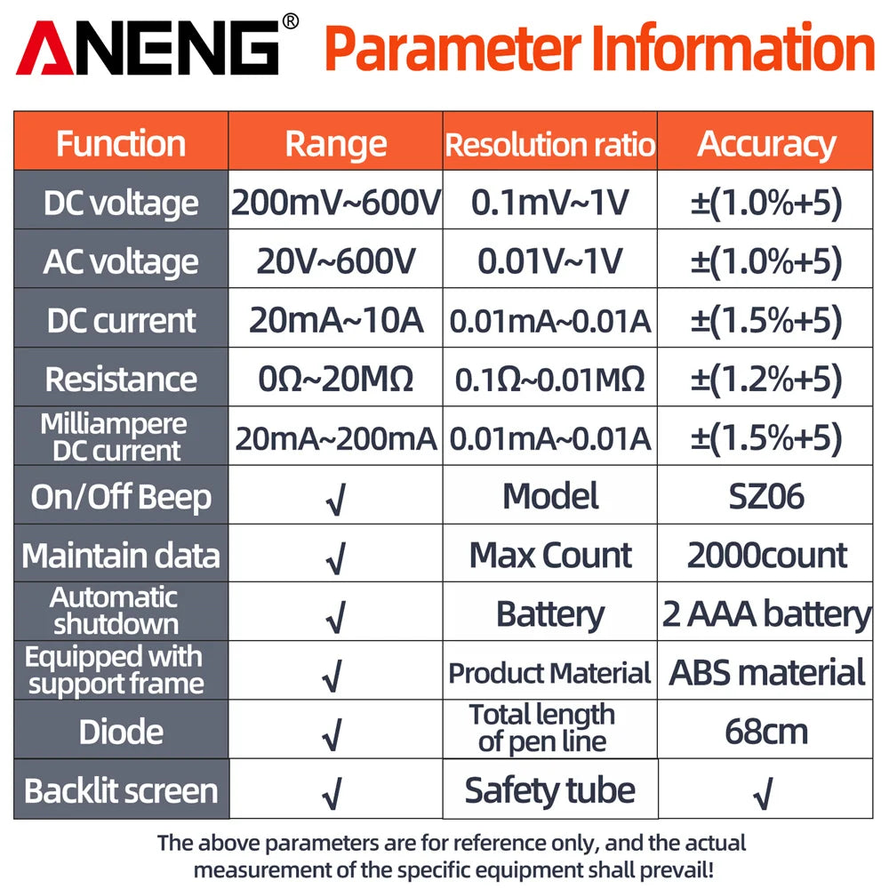 ANENG SZ06 Multimeter 2000 Diode Ohm Professional Smart Mini Multimetro Counts Digital AC/DC Voltage DC Current Tester Tools