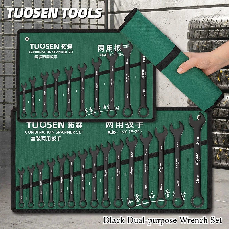 TUOSEN Dual Purpose 8-24mm Auto Repair Plum Blossom Opening Black Wrench Bag Set with Multiple Combinations for Easy Carrying