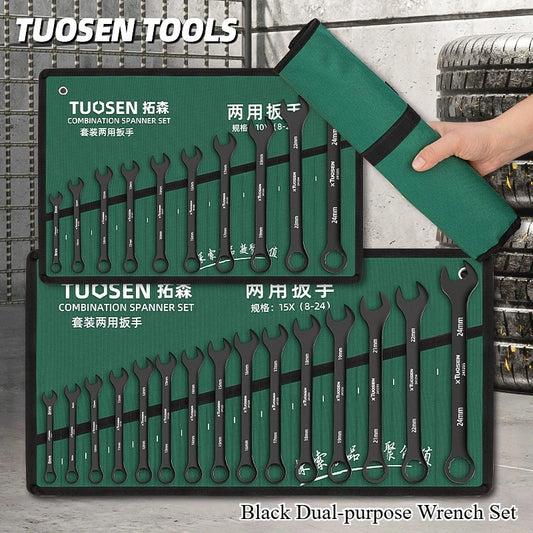 TUOSEN Dual Purpose 8-24mm Auto Repair Plum Blossom Opening Black Wrench Bag Set with Multiple Combinations for Easy Carrying
