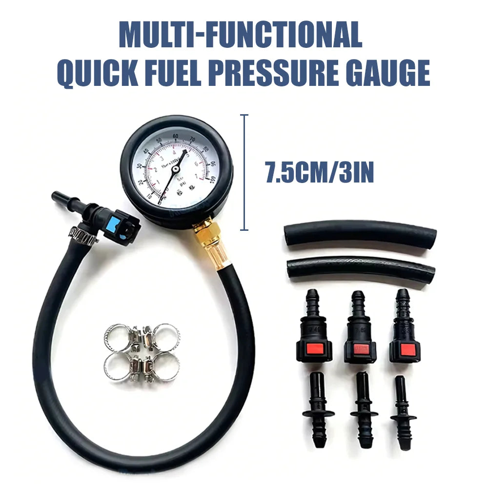 Fuel Pressure Test Kit, 0-100psi/0-7bar Pressure Tester, 6.3/7.89/9.49 Interface, Suitable For Cars, Motorcycles, And Trucks.