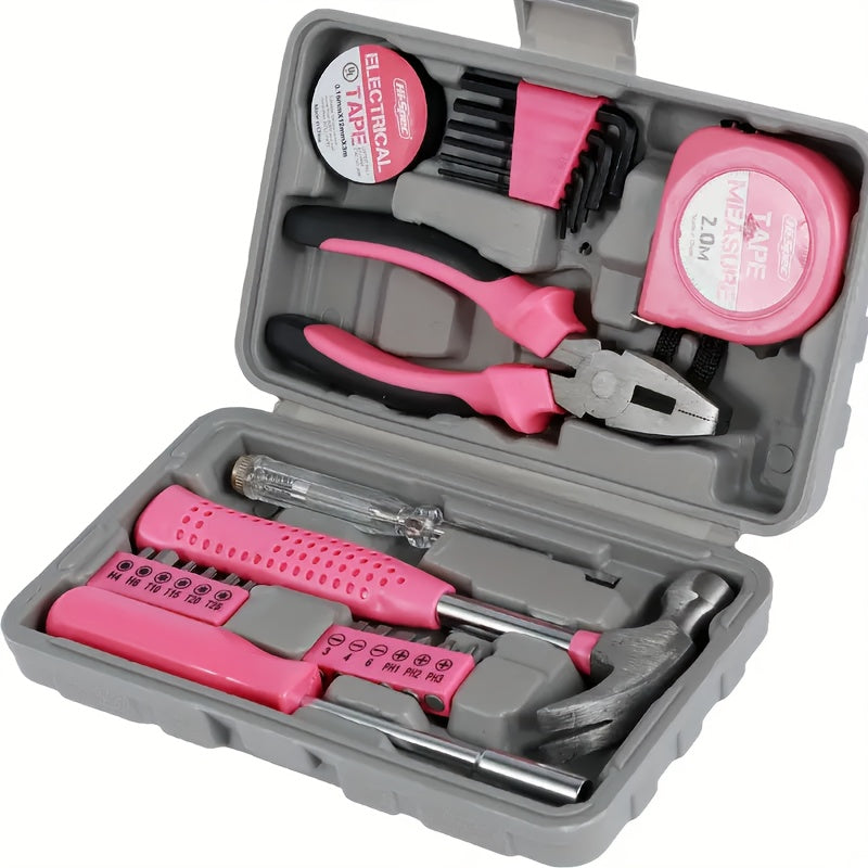 24/32/39 Pink Household Tool Set, Sturdy Metal Hand Tool Kit, Classic Barn Style Toolbox, Durable Metal Hand Tools for Women, DIY Home Repair Kit